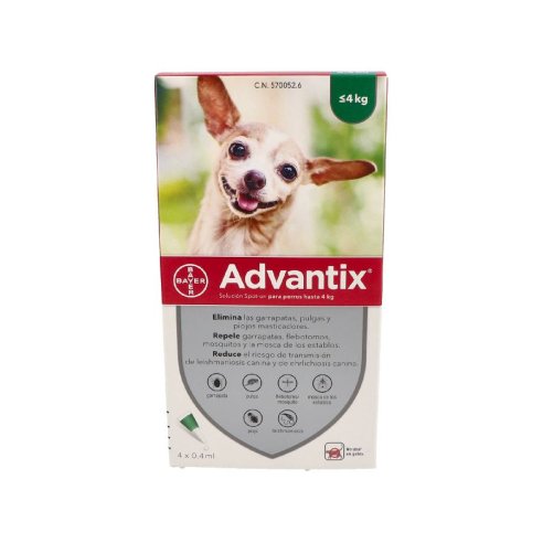 ADVANTIX 40/200 mg SOLUCION SPOT-ON PARA PERROS HASTA 4 kg 4 PIPETAS CORTAS 0,4 ml